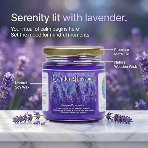 Image of Scented Candle (142g) | Lavender Blossoms Glass Jar Scented Candles with Wooden Wick | Long Lasting Aromatic Fragrance for Home Decor