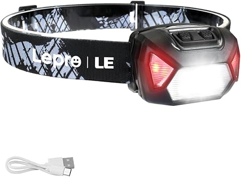 Lepro Linterna Frontal LED Recargable 2000lux, Linterna Cabeza USB Recargable D500, 6 Modos de Luz con Luz Rojo, Impermeable IPX4, Luz Frontal Cabeza para Correr, Camping, Excursión, Pesca