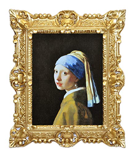 Idea Casa Impresión sobre papel lienzo cuadro Jan Vermeer Chica con pendiente de perla con marco de estilo barroco cm 45x37 (Oro)