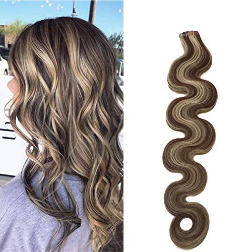 Tape in Hair Extensions Human Hair Brown with Blonde Body Wave Hair Extensions for Women Seamless 40grams Curly Blonde Balayage Real Hair Extensions