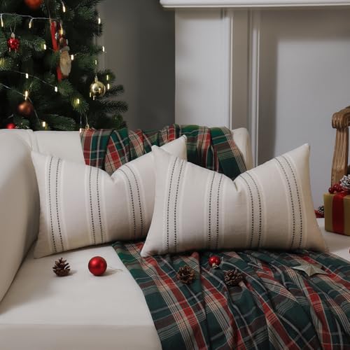 Image of Hckot Throw Pillow Covers 12x20 Set of 2 Striped Pillow Covers Textured Linen Decorative Pillows Lumbar Cushion Covers for Sofa Couch Bed Living Room Farmhouse Decor, Sage Green