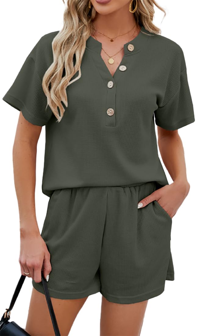 OLIPHEE Mujer Conjunto Waffle Dos Piezas Pantalones Cortos y Top Camisa Con Botones Traje de Punto Conjunto de Pijama Casual Moda Color Sólido