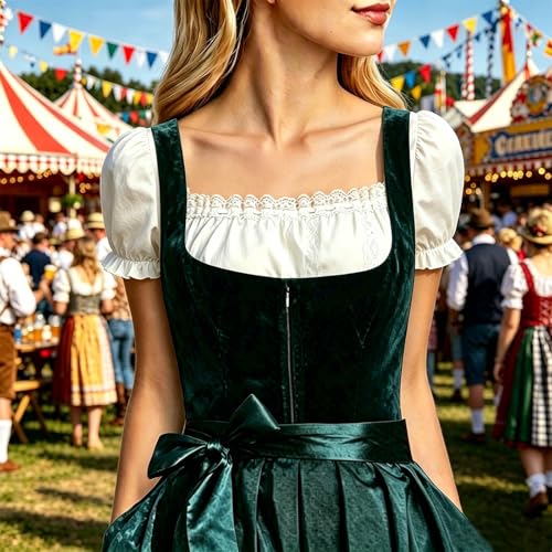 Blouse Dirndl Femme Blanche Fluide en Dentelle avec Robe Rouge - 2