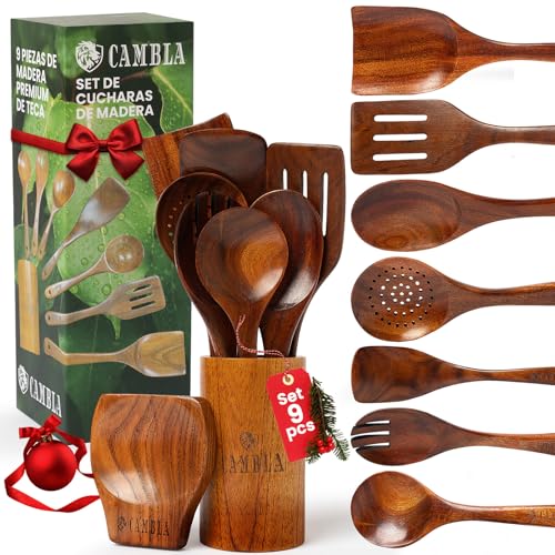 Utensilios de Cocina Madera - 9 pzas - Madera de Teca - Antiarañazos - Set de Espatulas y Cucharones de Cocina - Agarre Comodo para sartenes Antiadherentes - CAMBLA