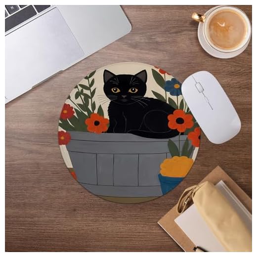 Mid Century Country Black Cat Mouse Pad,Cat Lover Vintage Flower Mousepad for Desk Home Office Dorm Computers Laptop Accessories,7.9x7.9 Inch