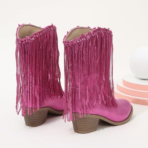 Cowboy Boots for Girls Fringe Western 𝗥hinestone Sparkly Chunky Heel Tassle Mid Calf Kids Pointed Toe Riding Boots3