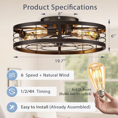 Image of VOLISUN Caged Ceiling Fan with Light and Remote,19.7 inch Fandelier Ceiling Fan with Light Flush Mount, Farmhouse Bladeless Ceiling Fans with Lights for Kitchen,Bedroom