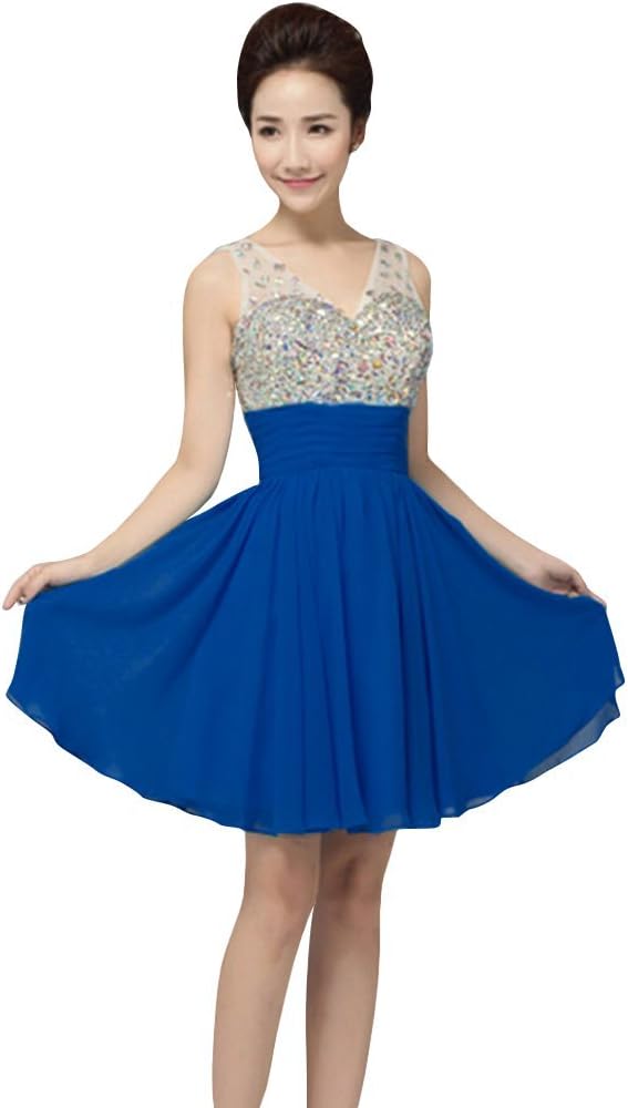 Drasawee V Neck Sequins Beaded Short Prom Dress For Junior Brithday Party Royal Blue US4