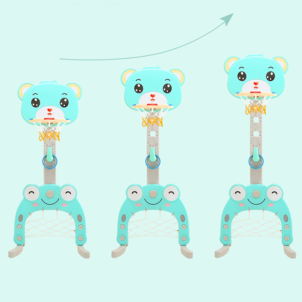 MUL-BUTIQUE Cesta de baloncesto y objetivo de fútbol 3 en 1 para niños, soporte para juegos de anillos, 57 x 49 x 150 cm, soporte de juego ajustable, forma de oso verde)
