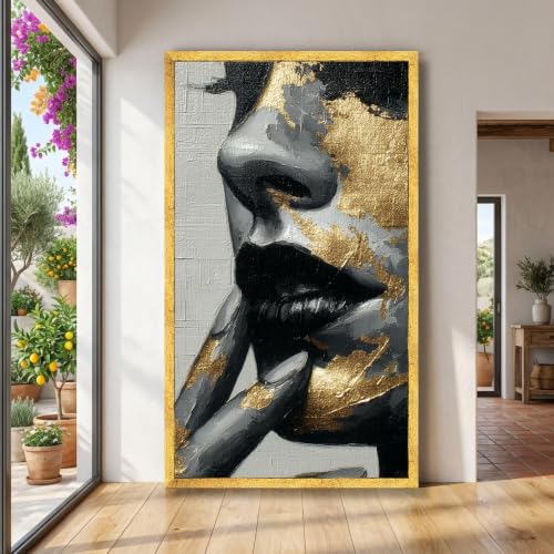 Tableau visage femme abstrait noir et gris or decoration murale luxe