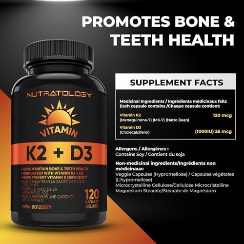 Nutratology® Vitamin K2 + D3 | Canadian-Made Highest Potency 120MCG/1000 IU - 120 Capsules - Helps Maintain Bone & Teeth Health - Formulated With MK-7 For Best Results - Immune System Support. — view 3