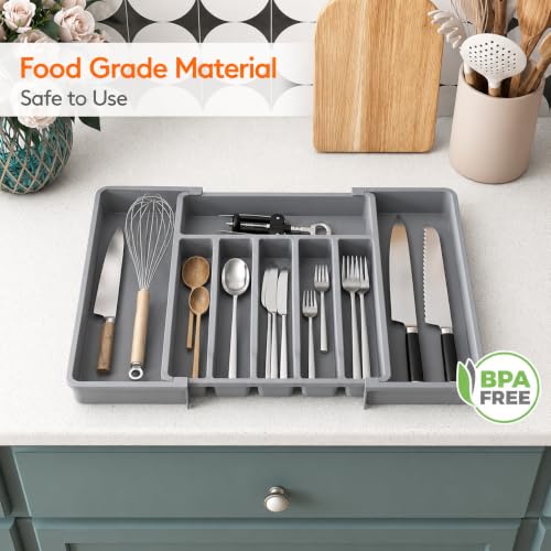 Image of Large Silverware Drawer Organizer, Expandable Utensil Tray for Kitchen, BPA Free Flatware and Cutlery Holder, Adjustable Plastic Storage for Spoons Forks Knives, Grey, Pack of 2