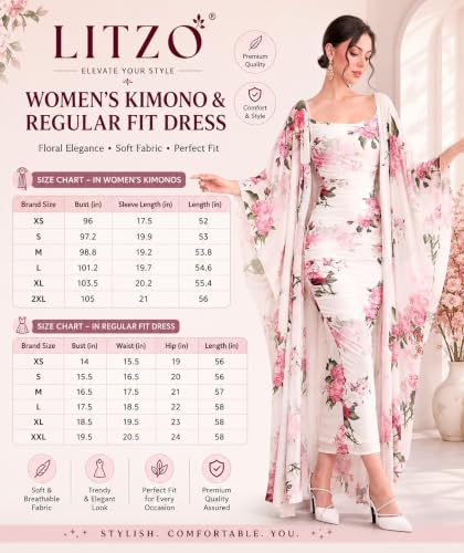 Image of LITZO Women's One Piece Dress - Georgette Floral Printed Western Dress for Women | Round Neck Bodycon Dress & Open Front Coat Casual Wear for Events, Date & Evening Look (NO-32-34)