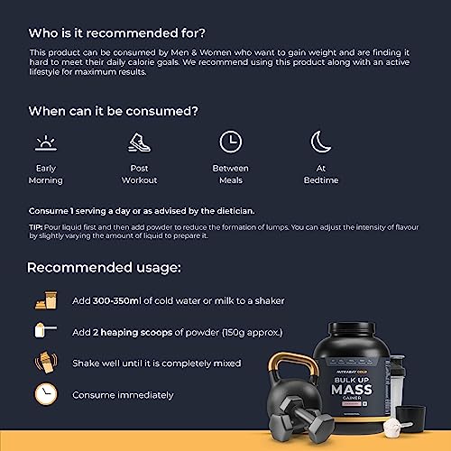 Image of Nutrabay Gold Bulk Up Mass Gainer Powder - 3kg, Strawberry | 30g Protein, 104g Carbs, 554 Calories | Easy to Digest | 100% Veg Muscle Building & Weight Gainer Supplement for Men & Women