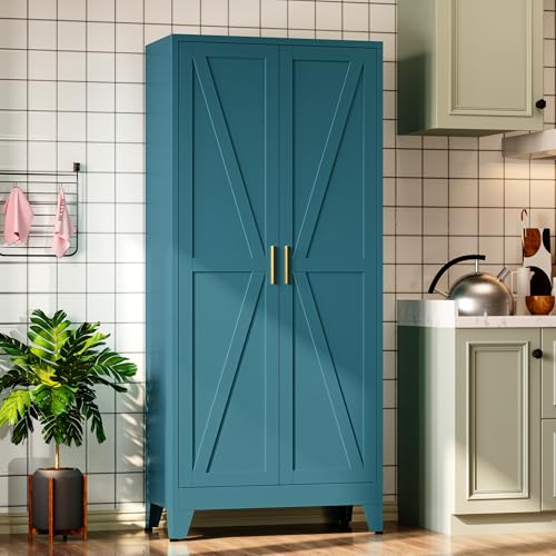 Image of Bevivog 71 inch Tall Storage Cabinets Farmhouse Freestanding Tall Bookshelf with 2 Doors and 4 Adjustable Shelves, Blue Metal Pantry Cabinet for Kitchen Living Room, Home Office, Laundry, Bathroom