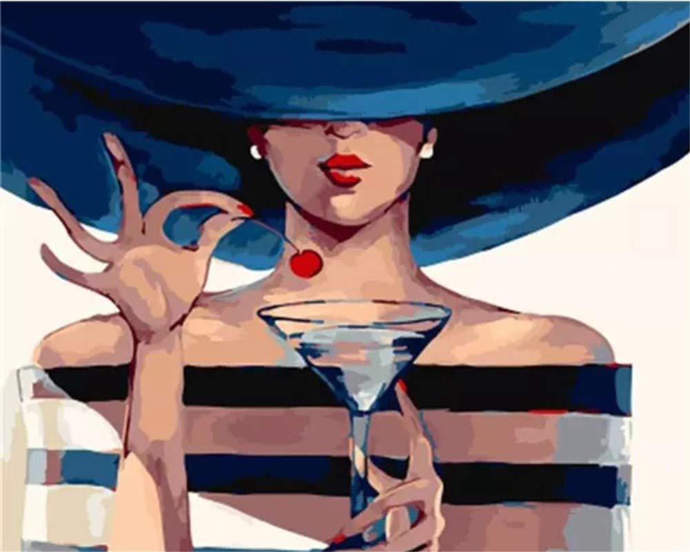 Abeuty Women's Girl Cherry Diy Paint By Numbers For Adults Beginner - Girl With Blue Hat & Cherry Wine Glass 16X20 Inches Number Painting
