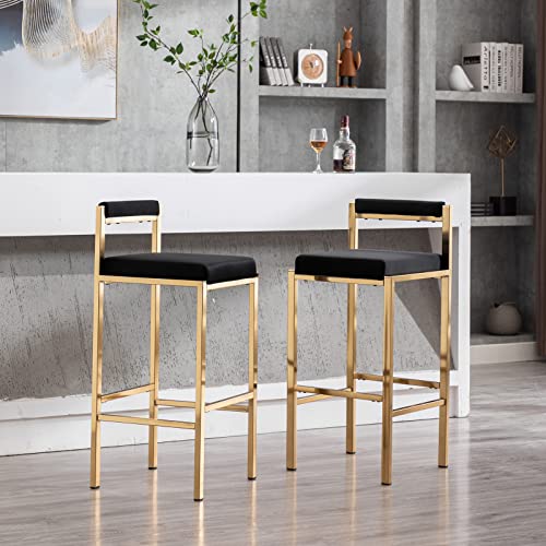 Quinjay 30" Modern Gold Bar Stools Set Of 6, Velvet Upholstered Bar Stools With Gold Frame, Kitchen Island Bar Stools With Footrests High Dining Chairs Industrial Bar Stools For Pub Bar, Black #TOP1