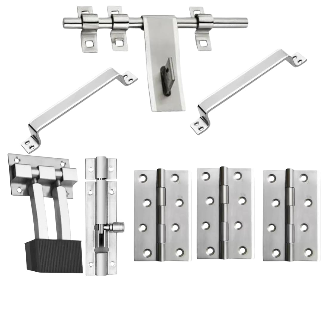 Set (3MM 1 Aldrop, 2 Handles, 1 Tower Bolt and 1 Door Stopper 3- (5X14) Hinges) with Screw 1 Set Stainless Steel Cabinet/Drawer Handle (Silver Pack of 1)-image-30