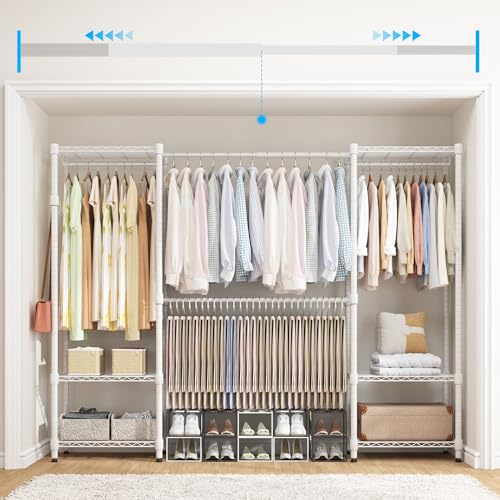 Homdox Heavy Duty Garment Rack with Extendable Hanging Rods, Adjustable Metal Clothing Rack for Hanging Clothes, Portable Clothes Rack with Wire Storage Shelves, White by Homdox - Image 2