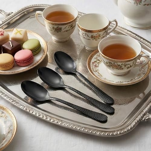 Image of 6.7 inch Charcoal Black Hammered Dessert Spoons | Set of 5 Durable Stainless Steel Teaspoons | Mirror Polished Silverware for Home, Restaurants, and Gift Giving