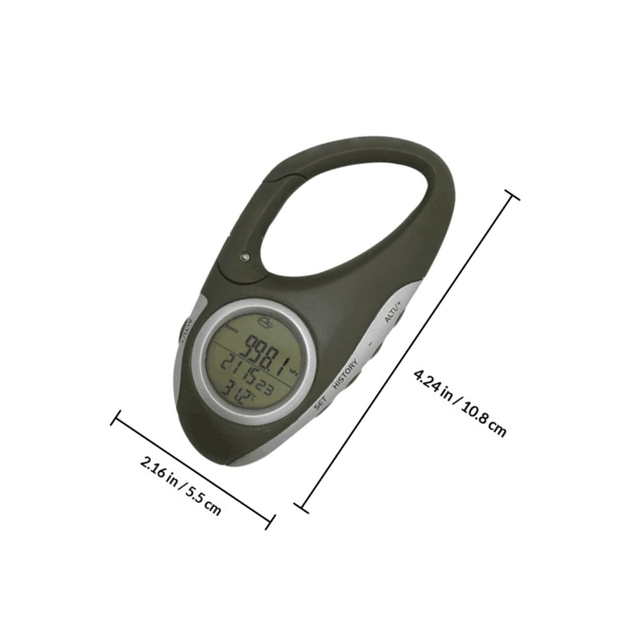 Angoily Altimètre Baromètre et Thermomètre à Mousqueton Vert en ABS Portable Mesure Pression Atmosphérique et Altitude pour Randonnée Montagne