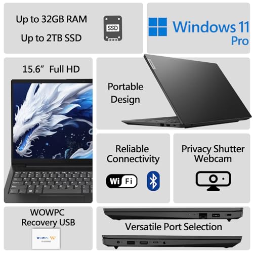 Image of Lenovo V15 Laptop | 15.6 inch FHD (1920 x 1080) Display | Intel Quad-core Processor | Ethernet RJ-45 | WOWPC Recovery USB (Windows 11 Pro, 16GB RAM | 1TB SSD)