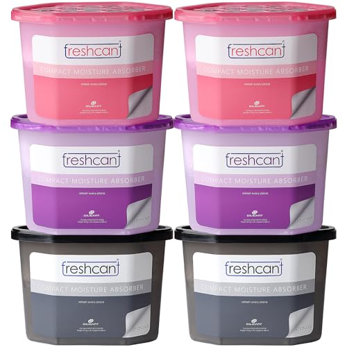 Image of freshcant Compact Moisture Absorber Refresh Every Place, Dehumidifier for Wardrobe /Closets, Storage Compartment, Cupboard, Almirah, Shoe Rack, Bathroom Uses (COMBO PACK OF 6 -2 LAVENDER, 2 ROSE & 2 CHARCOAL)