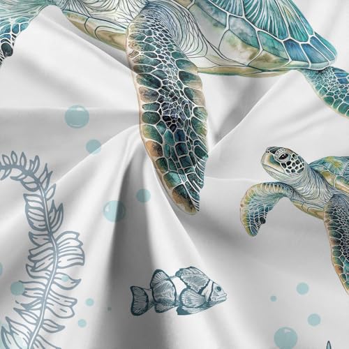 Image of Sea Turtle Shower Curtain, Funny Sea Animals Summer Nautical Shower Curtains for Kids, Teal Blue Ocean Beach Coastal Decorative Bathroom Curtain Sets Waterproof Fabric Machine Washable with Hooks