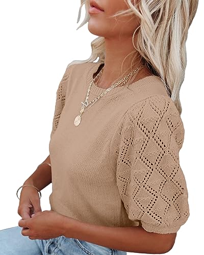 Image of Womens Short Sleeve Sweaters Crewneck Knit Pullover Tops 2025 Summer Casual Lightweight Crochet Blouse Shirt