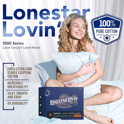 Image of TEXAS LINEN CO. 100% Egyptian Cotton Split King Sheet Sets - Luxury 1000 Series Lonestar Lovin' Collection Split King Sheet Set (5 PC, Light Blue), Cooling, 16 inch Deep Pocket Sateen Hotel Bed Sheets