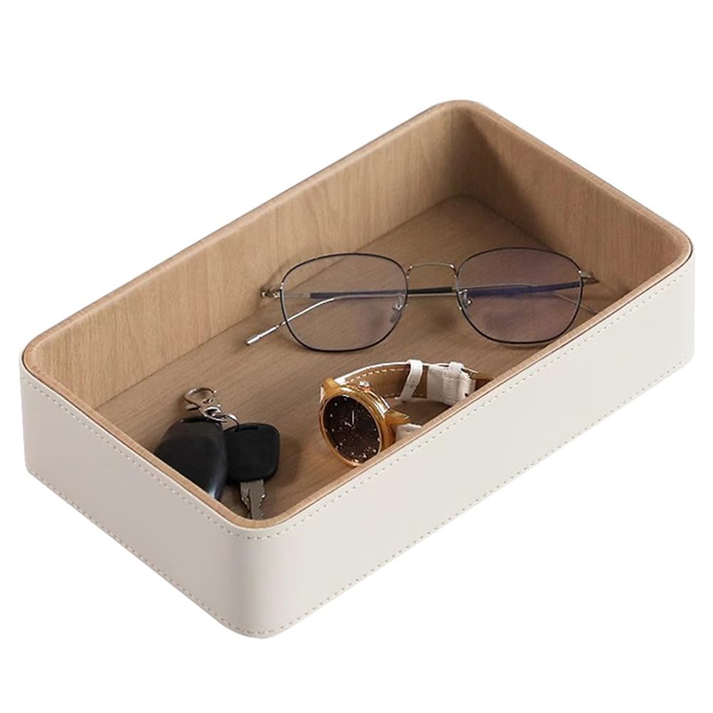 Valet Tray Multi-Function Desktop Organizer Tray PU Leather Storage Box (Beige)