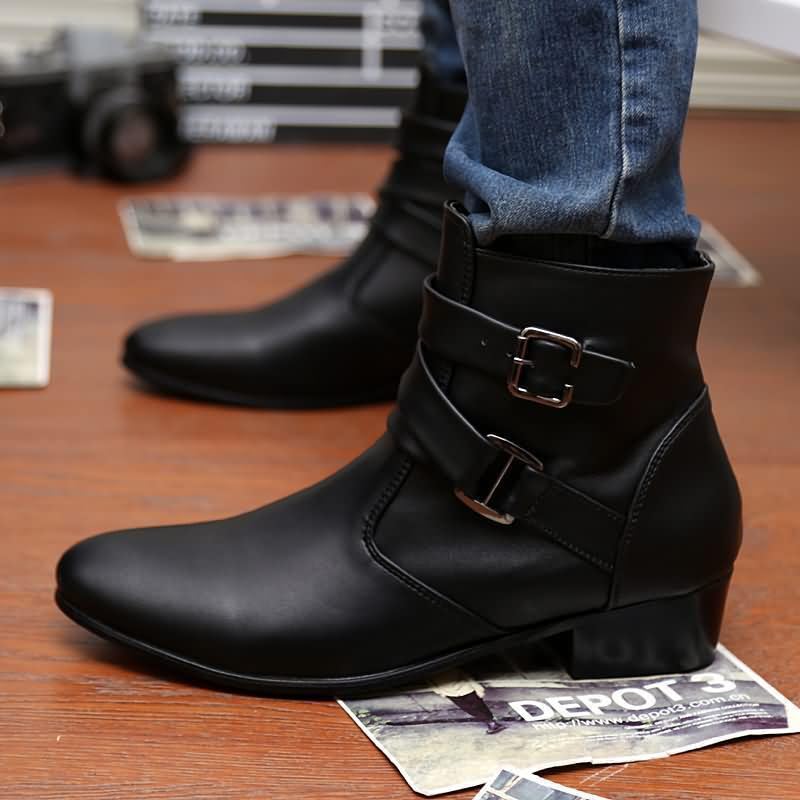 Image of MGGMOKAY Men's Chelsea Boots Leather Shoes Casual Dress Ankle Boot With Buckle Side Zipper