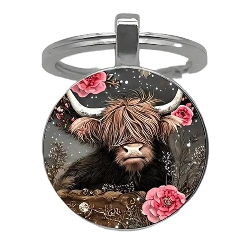 4Trails Highland Cow Glass Dome Keyring, Lucky Scottish Charm Keychain with Floral Design, Black and White and Pink Flower
