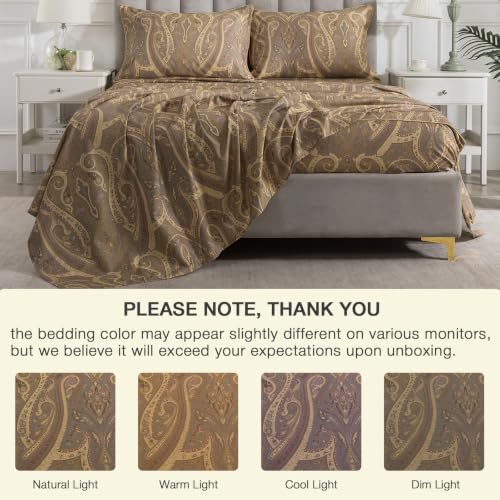 Image of Paisley Floral Percale Sheets Full Size Deep Pocket, Brown-Green | 100% Cotton Flower Print Boho Sheet Set, Beige Patterned Shabby Chic Bed Sheets, Luxury Designer Bedding, Soft Crisp, 4Pcs