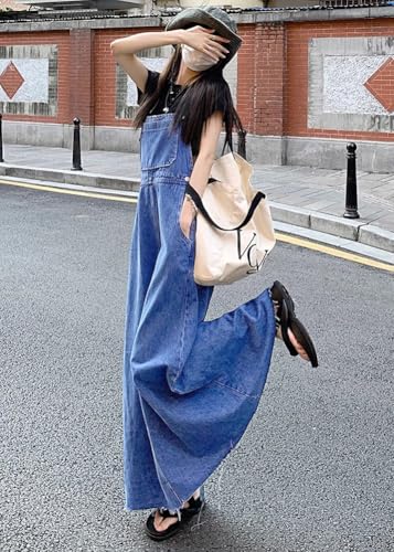 Image of chouyatou Women's Adjustable Strap Distressed Denim Overall Dress A-Line Back Split Pinafore Bib Jean Dress