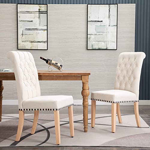 Loulens Fabric Dining Chairs Set Of 4, Modern Parsons Chairs, Fashionable Dining Room Chairs With Nailheads Trim, Button Tufting, Solid Wood Legs Living Room Chairs, Beige #TOP5