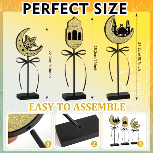 3 Pieces Ramadan Decorations Eid Mubarak Table Decor Wooden Set, Islamic Ramadan Tiered Tray Decor for Muslim Party Tabletop Decor Home (Shiny) - Image 4