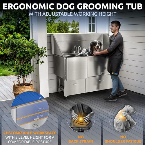 Image of KANIS Professional Dog Washing Station 304 Stainless Steel Pet Wash Sink & Grooming Bathtub w /Shower, Floor Grates and Storage for Large, Medium & Small Pets (Silver, 61 Inches, Left Ramp, 2 Drawers)