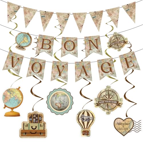 Vemfare Bon Voyage Party Decorations - Travel Themed Party Decorations Vintage Bon Voyage Pennant Banner with Hanging Swirls Decor Going Away World Adventure Decoration Supplies