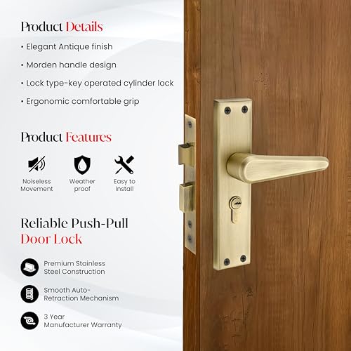 Image of LAPO Mortise Door Lock for Home Main Door & Bedroom with Handle | 3 Brass Keys | Heavy-Duty 60mm Cylinder | 45x45mm Body | Left-Right Fit 30-50mm Door Home Office Hotel | Antique Finish | CY-164