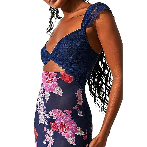Image of Women Sexy Lace Patchwork Mesh Dress Floral Print Cutout Sweetheart Neck Backless Slit Summer Maxi Dress
