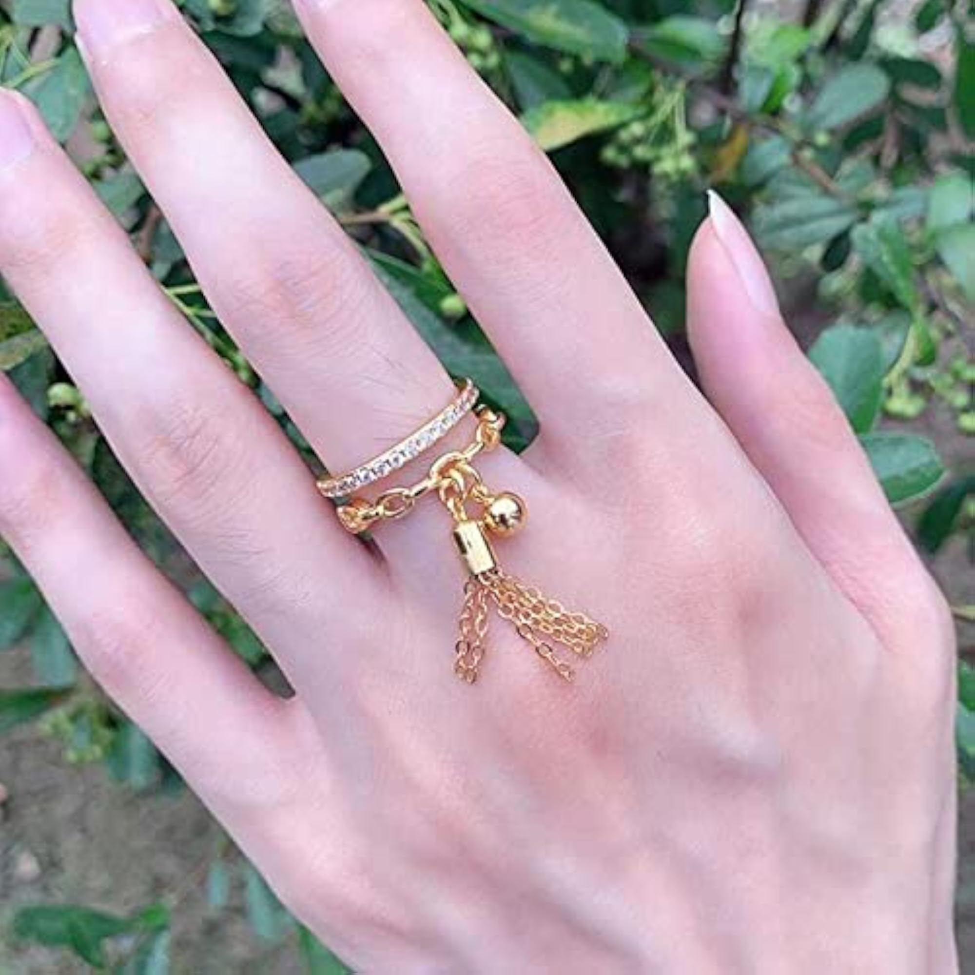 Adjustable Crystal Tassel Ring, Layered Stacked Bohemian Rings