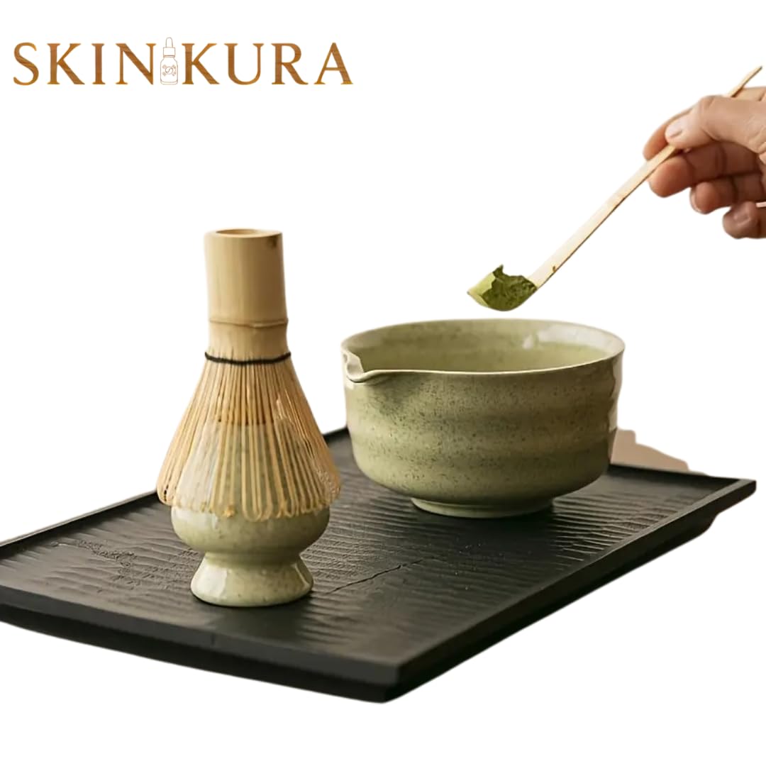 Skinkura Ceramiczny zestaw Matcha – Chawan Miska, bambusowa trzepaczka i łyżka, uchwyt na trzepaczkę, kompletne narzędzia do japońskiej ceremonii herbaty Matcha, najwyższa jakość