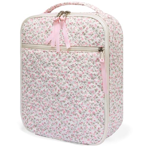 shiprabags Cotton Quilted Lunch Box for Women, Cute Insulated Lunch Bag, Pink Floral Lunch Tote Bag for Work Picnic Travel Office (pink floral, M)