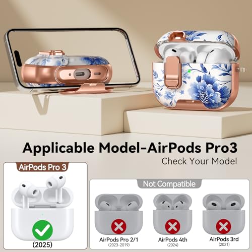 Image of for AirPod Pro 3 Case 2025, with Safty Lock & Phone Stand for Floral AirPod Pro 3 Generation Case Cover for Women Girly, iPod Pro 3 Cases with Keychain & Cleaner Kit -Blue +White Porcelain