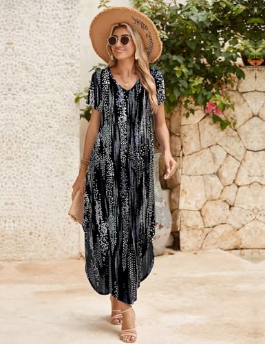 Image of JollieLovin Womens Plus Size Casual Summer Maxi Long Dress Short Sleeve T-Shirt Loose Sun Dress(L-5X)