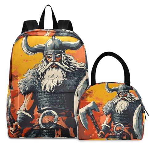 Backpack Lunch Box Set Large Capacity Travel Backpacks and Insulated Lunch Bag for Commute Hiking Picnic Viking Soldier Print