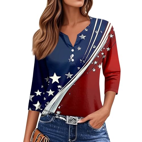 Image of 4th of July Shirts Women 3 /4 Length Sleeve Womens Tops Henley Neck Casual Patriotic T Shirts