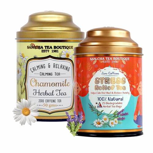 Image of Sancha Tea Boutique, Combo Pack: Chamomile Herbal (50g) & Stress Relief Herbal Tisane (25 Pyramid Bags), Caffeine Free Tisane, Calming & De Stress Drink