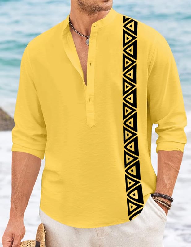 Image of FINIVO FASHION Men's Short Kurta with Printed Geometric Side Panel | Cotton Blend Full Sleeve Ethnic Topwear with Mandarin Collar | Stylish Indo-Fusion Kurta for Daily, Festive, or Casual Wear